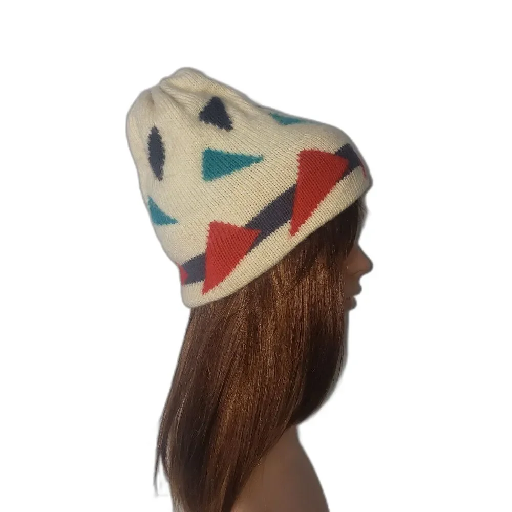 Vermont Needlecrafts Vintage Winter Wool Beanie Hat Ivory with Geometric Print
